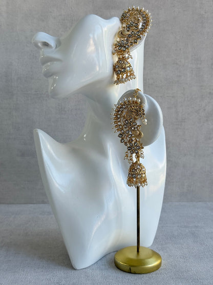 Ayura Designs Nitya Kaanphool Jhumkis – Gold Half Ear Cuff Earrings, Peacock Motifs, Kundan, Ivory Pearl Drops & Sahare