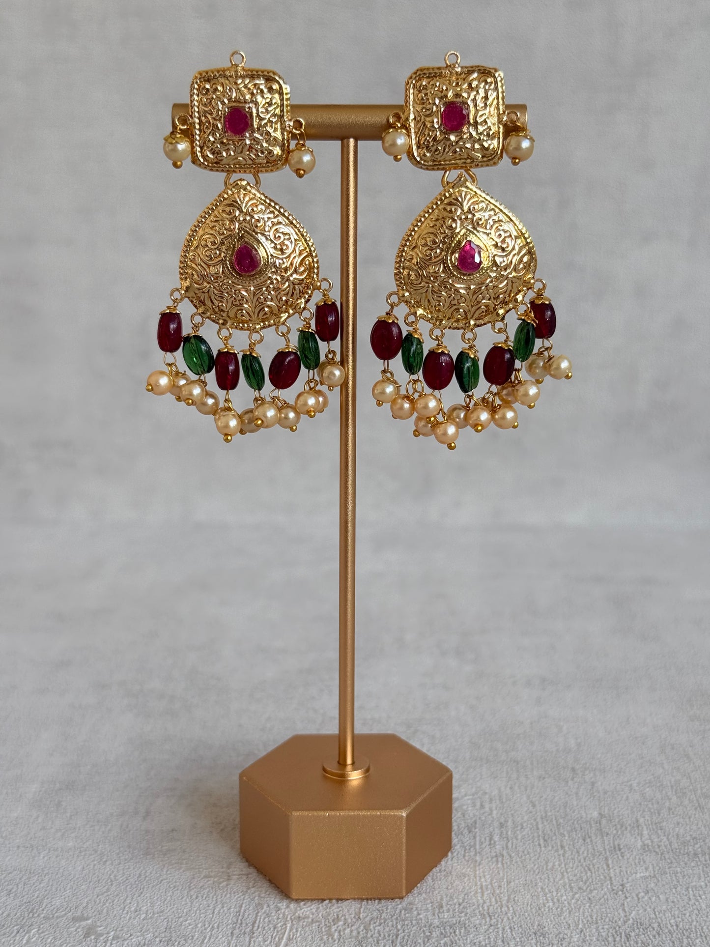 Ayura Designs Chetna Choker Set with Earrings & Tikka – Maroon & Emerald Green Beads, Cream Pearl Drops with Pipal Patti Detailing
