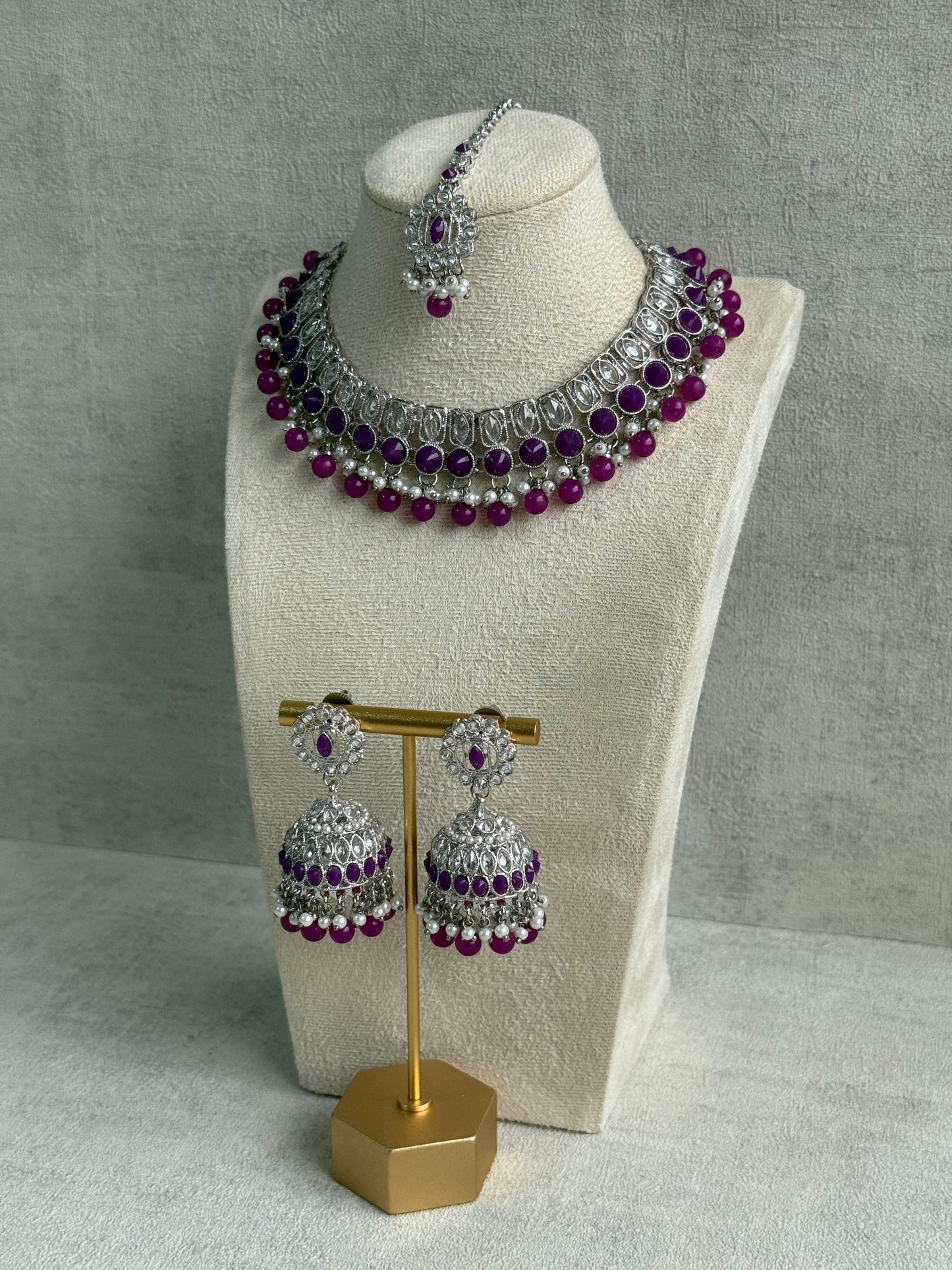 Ayura Designs Rayal Set – Silver Necklace, Jhumkis & Tikka with Amethyst Purple Stones & Pearl Detailing