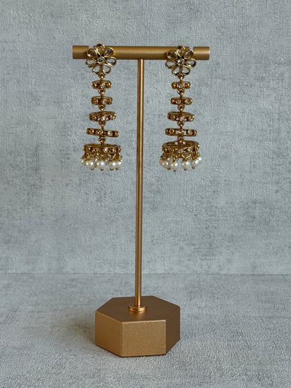 Ayura Designs Adira Jhumkis – Gold Floral Jhumkis with Layered Crystal Rings & Pearl Drops