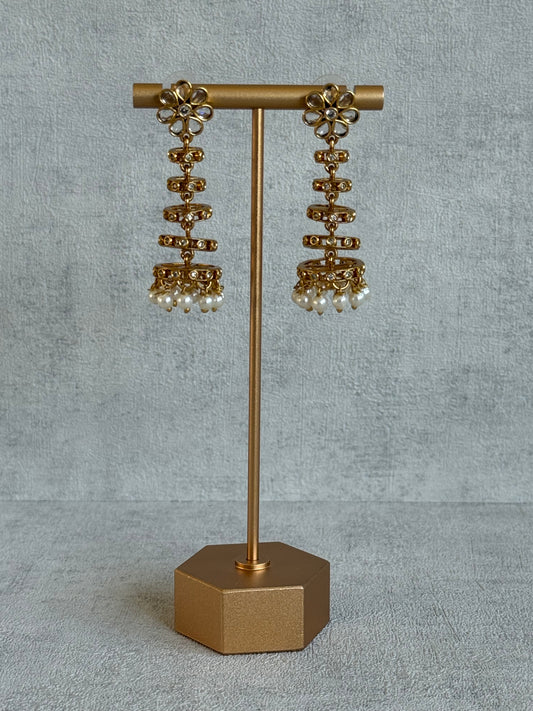 Ayura Designs Adira Jhumkis – Gold Floral Jhumkis with Layered Crystal Rings & Pearl Drops