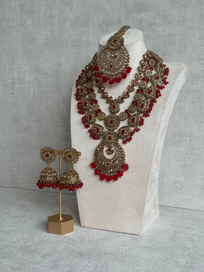 Ayura Designs Samreen Set with Tikka & Jhumkis – in Antique Gold with Red Beads & Mirror-Cut Stones