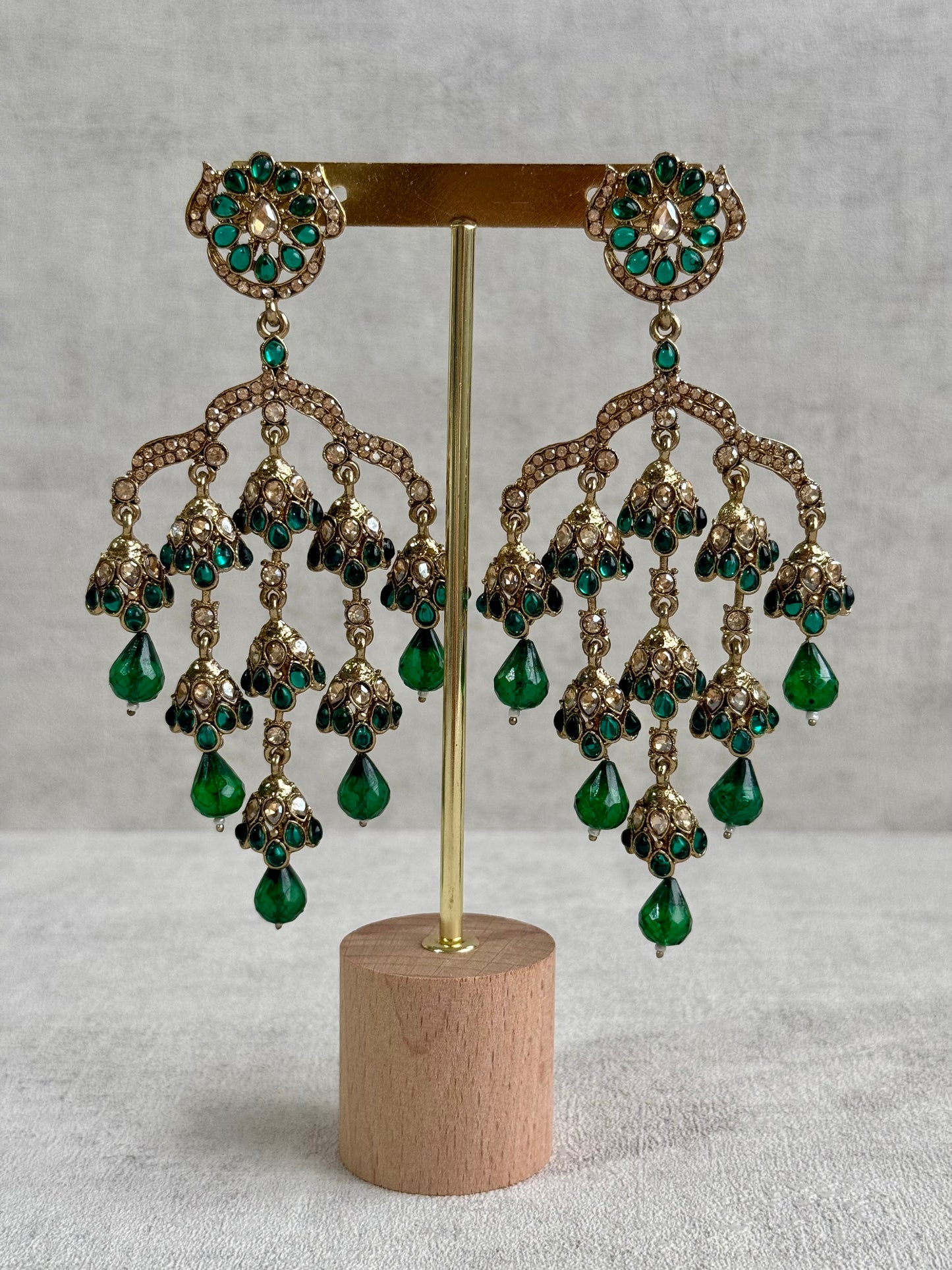 Ayura Designs Jasmine Earrings – Chandelier Earrings with Emerald Green Beads & Antique Gold Detailing