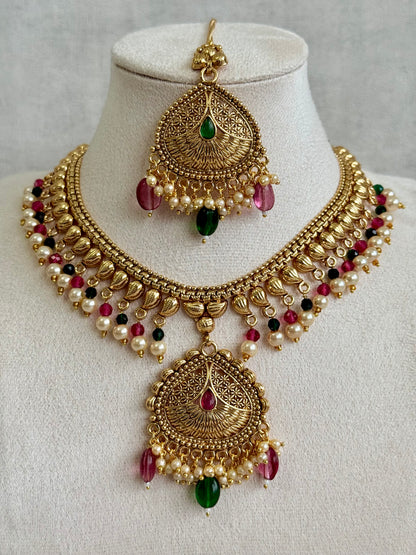 Ayura Designs Hamida Set with Necklace, Earrings & Tikka – Antique Gold with Ruby Pink and Emerald Green Beads & Pearl Detailing