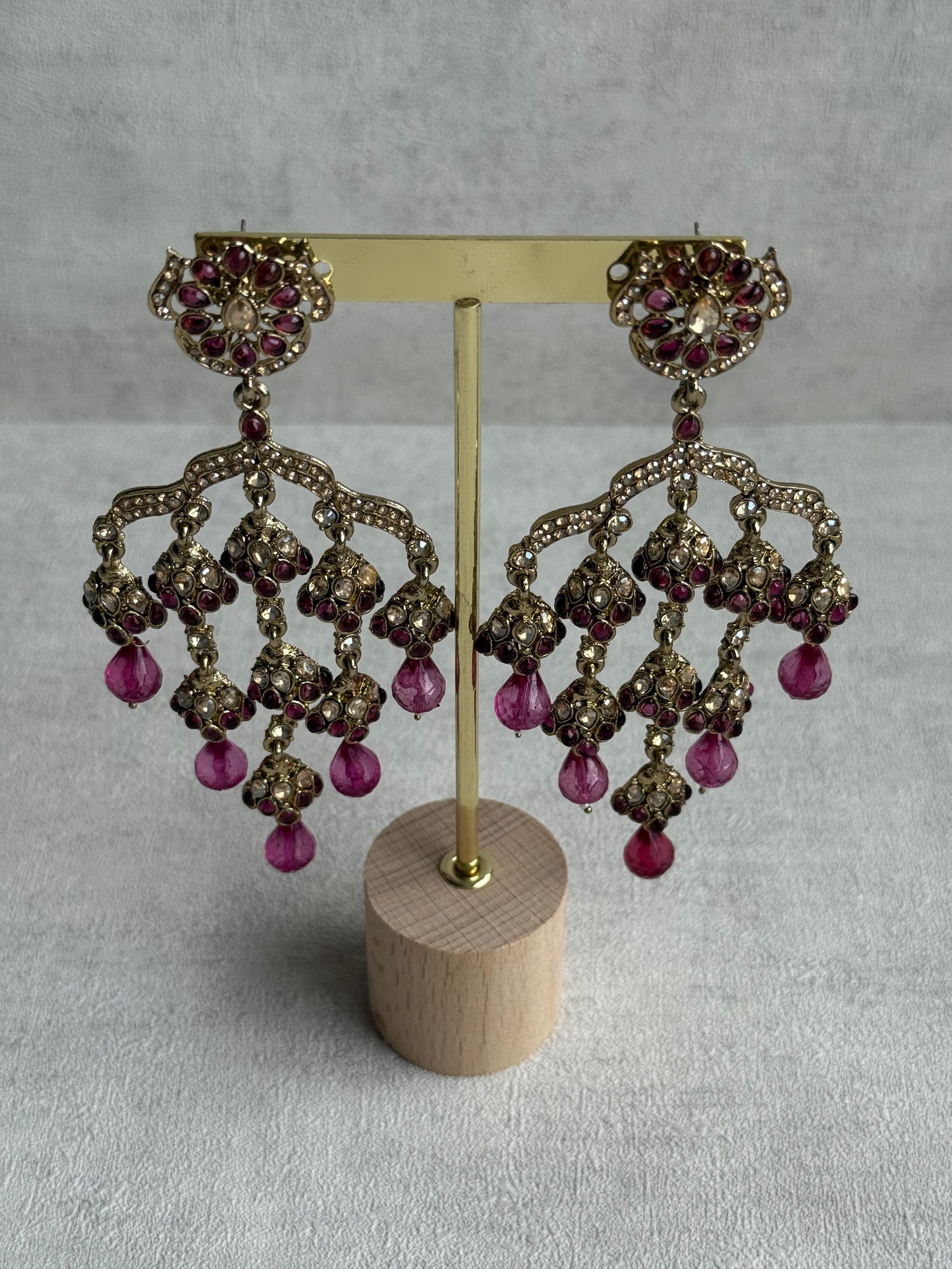 Ayura Designs Jasmine Earrings – Chandelier Earrings with Rose Pink Beads & Antique Gold Detailing