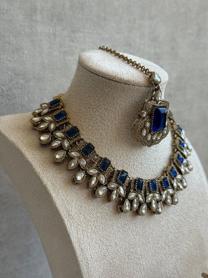 Ayura Designs Olivia Set with Necklace, Earrings & Tikka – Navy Blue Stones, Pear-Cut White Accents & Antique Gold Finish