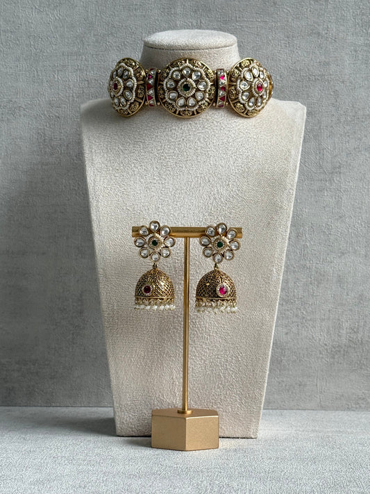 Ayura Designs Tanu Choker Set – Antique Gold Choker & Jhumkis with Ruby & Emerald Kundan and Pearl Borders