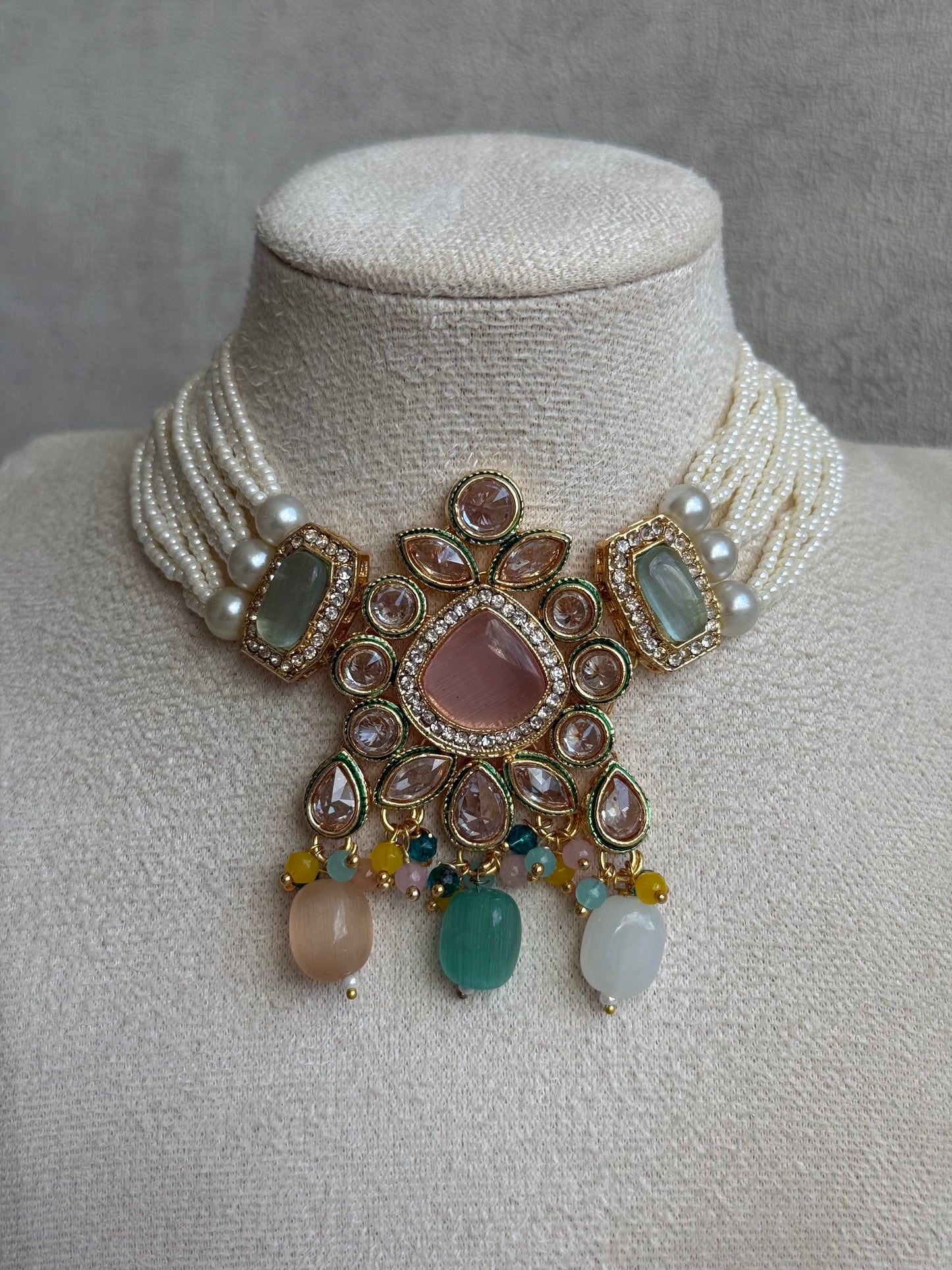 Ayura Designs Paheli Set with Earrings – Multicolour Stones, Kundan Detailing & Pearl Strands