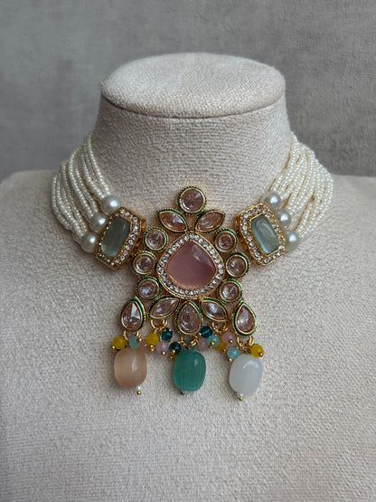 Ayura Designs Paheli Set with Earrings – Multicolour Stones, Kundan Detailing & Pearl Strands