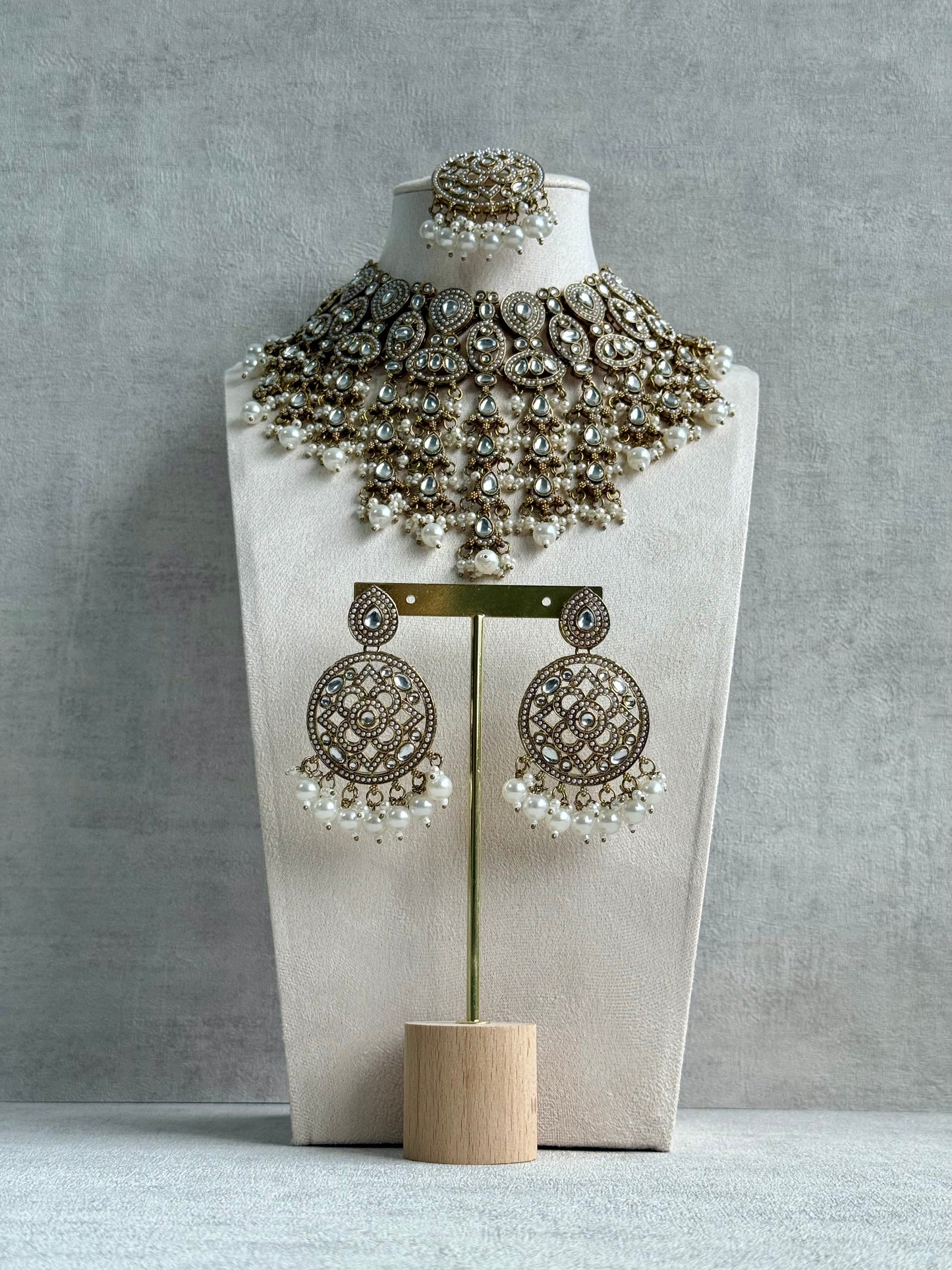 Ayura Designs Tanya Bridal Set with Necklace, Earrings & Tikka – Ivory Pearls, Mirror-Cut Stones & Antique Gold Finish