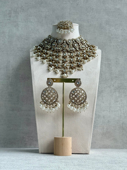 Ayura Designs Tanya Bridal Set with Necklace, Earrings & Tikka – Ivory Pearls, Mirror-Cut Stones & Antique Gold Finish