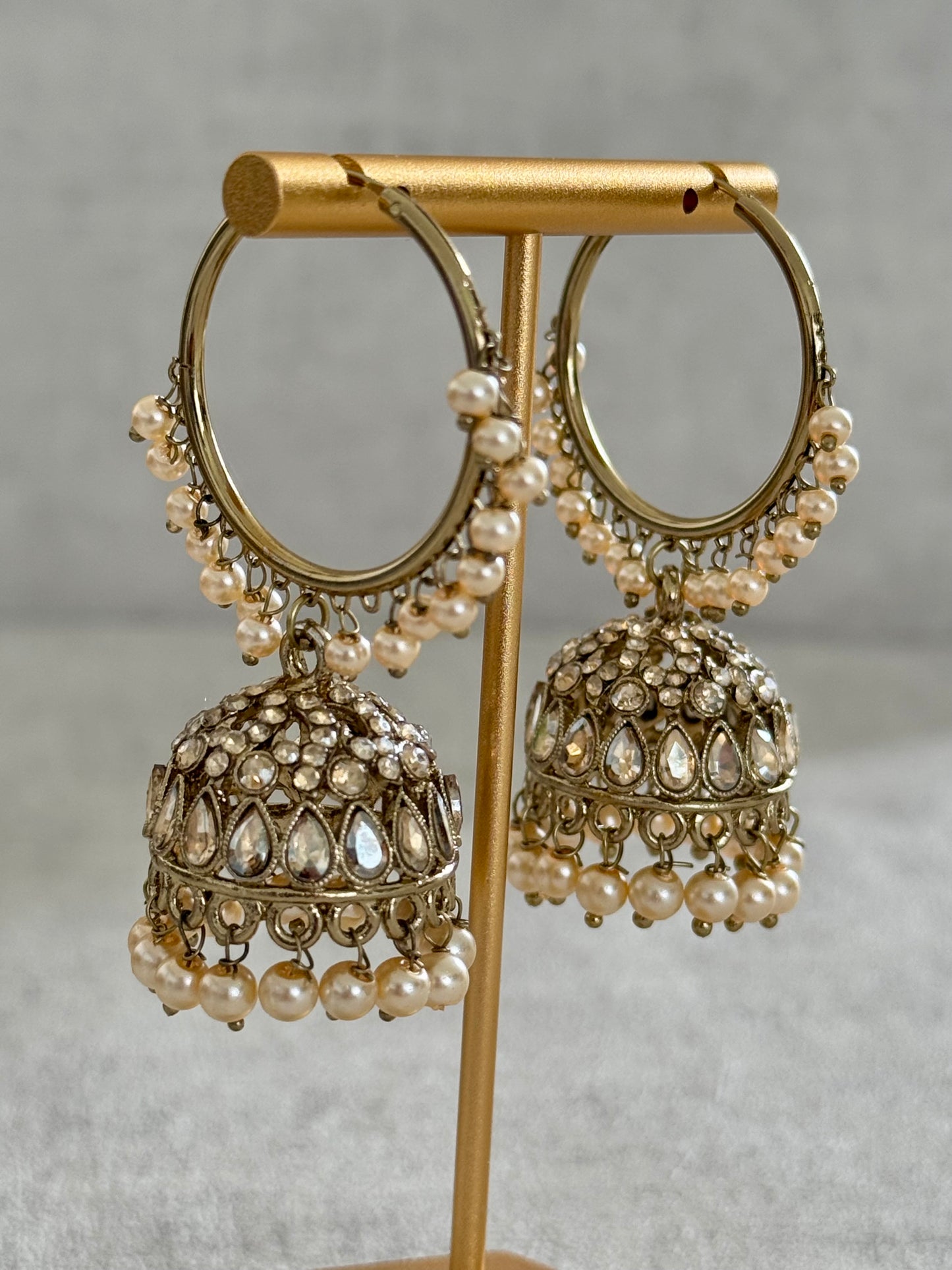 Ayura Designs Jugni Bali Jhumkas – Antique Gold with Ivory Pearl Accents