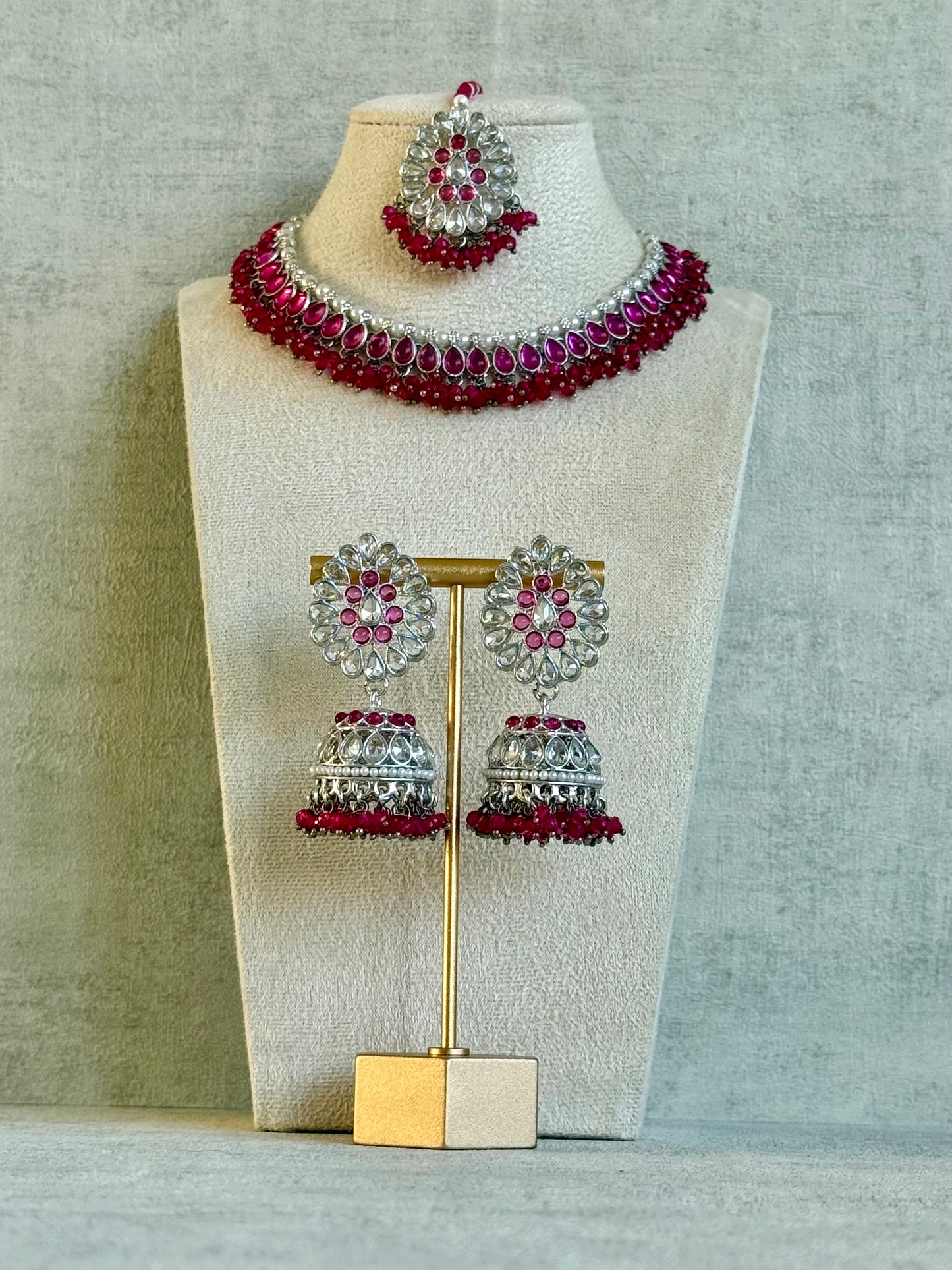 Ayura Designs Saima Set – Necklace, Jhumkis & Tikka in Fuchsia Pink with Silver Finish