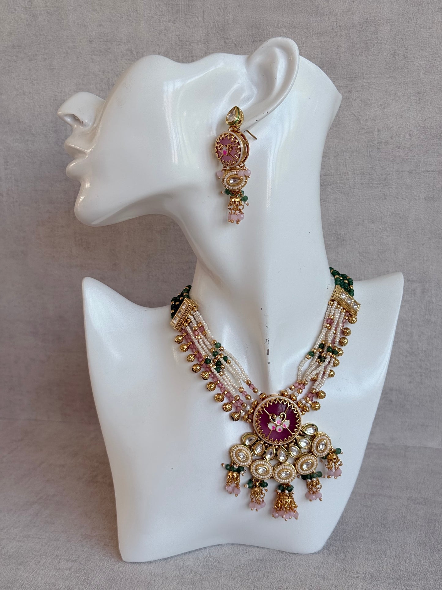 Ayura Designs Hasika Necklace Set with Earrings – Rose Pink, Emerald Green, Kundan & Pearl Detailing
