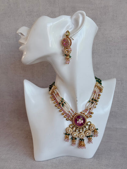 Ayura Designs Hasika Necklace Set with Earrings – Rose Pink, Emerald Green, Kundan & Pearl Detailing