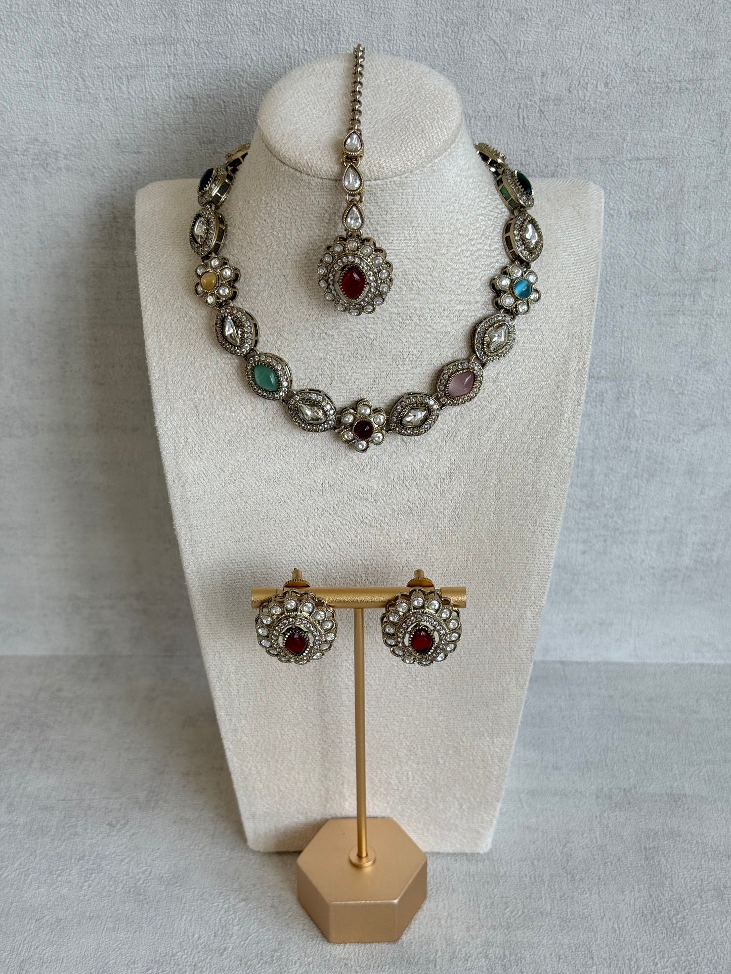Ayura Designs Ivy Necklace Set with Studs & Tikka – Multicolour Kundan Detailing