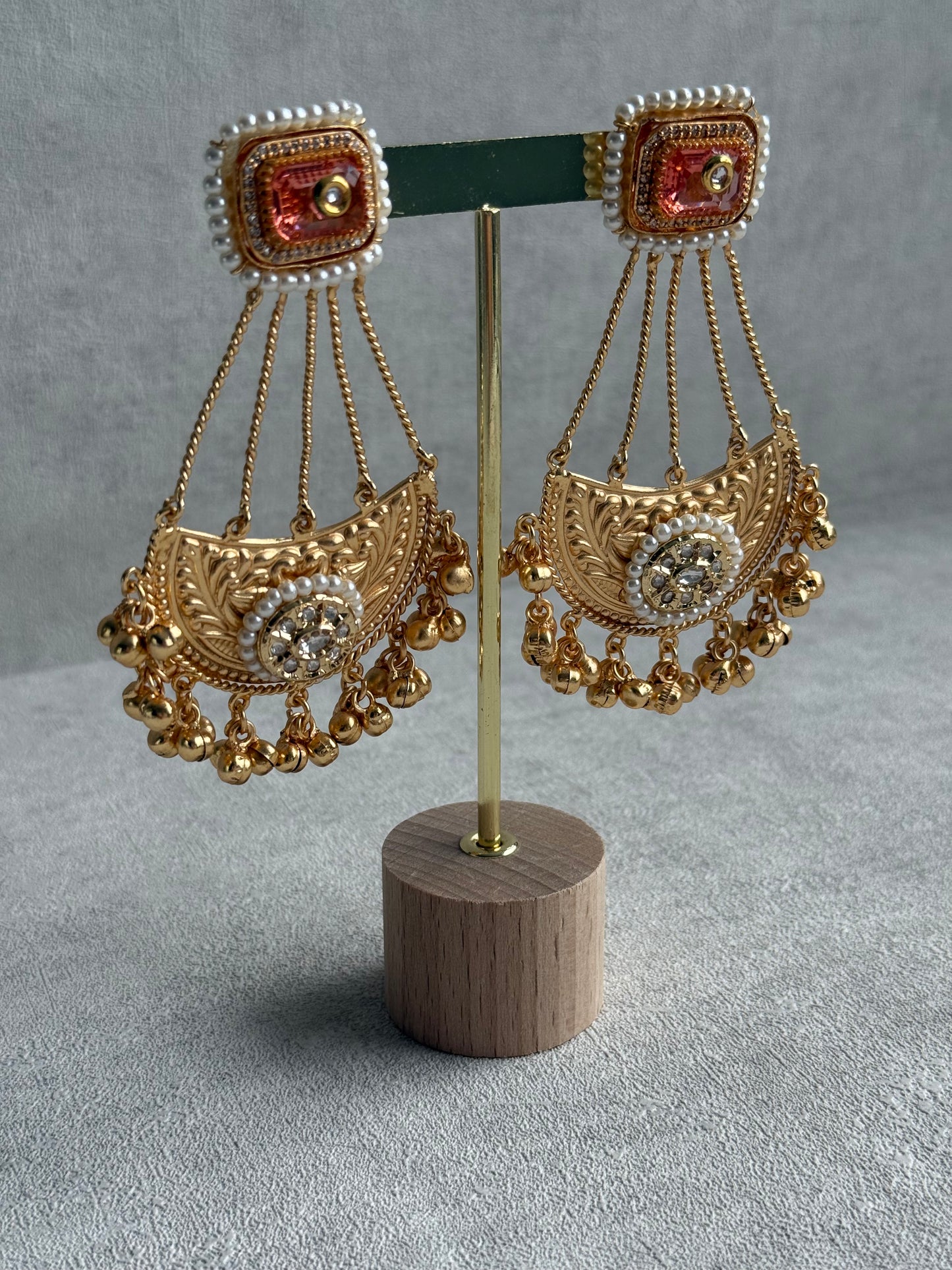 Ayura Designs Jheel Earrings – Amber Half-Moon Drops with Pearl Edging & Golden Ghungroos
