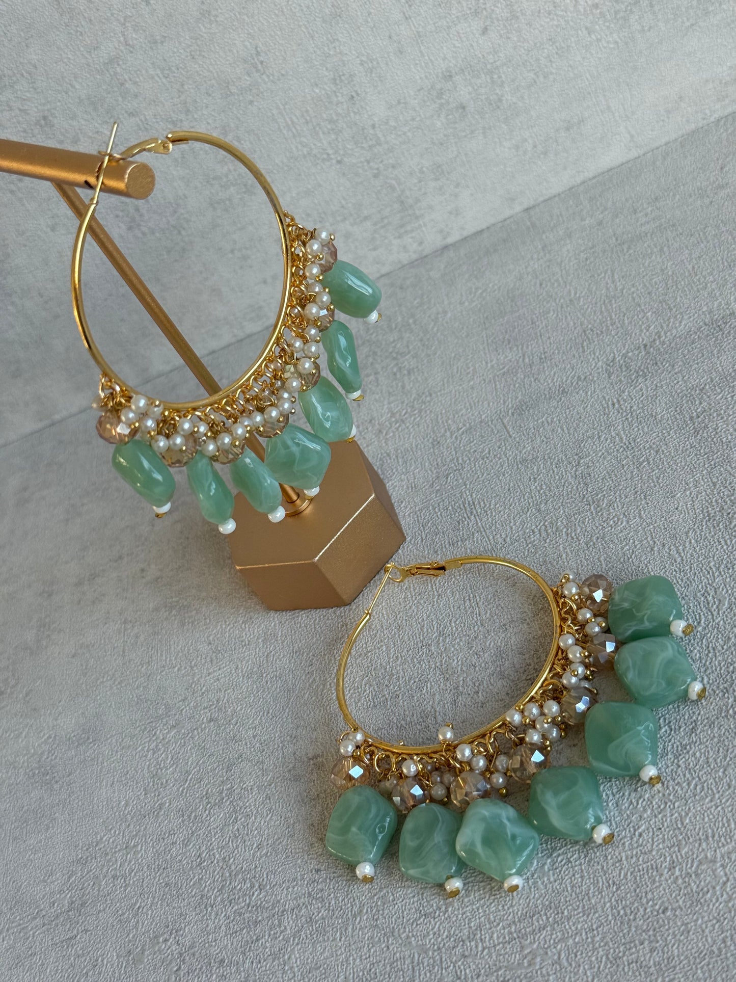 Ayura Designs Heer Balis – Gold Hoops with Mint Marble Beads, Pearls & Crystal Detailing