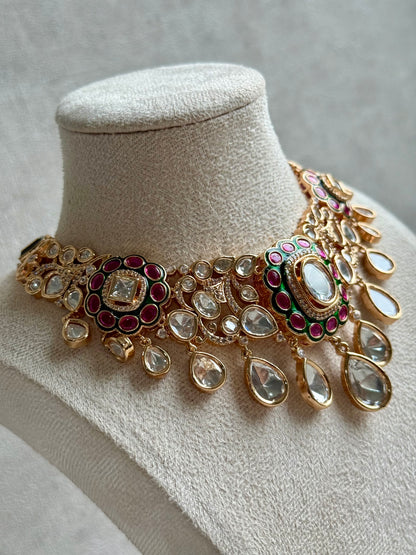 Ayura Designs Ishika Set – Kundan Necklace with Pink & Green Meenakari and Teardrop Crystals