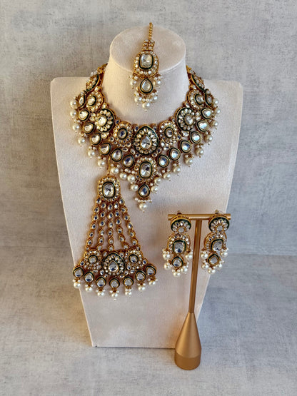 Ayura Designs Jashan Set with Necklace, Earrings, Tikka & Passa – Kundan Detailing, Ivory Pearl Drops