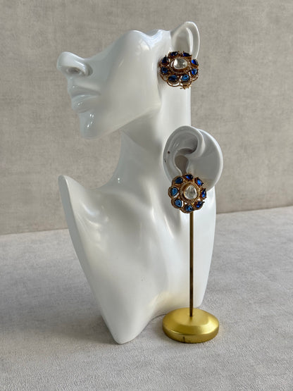 Ayura Designs Giana Stud Earrings – Sapphire Blue & Crystal Kundan with Gold Finish