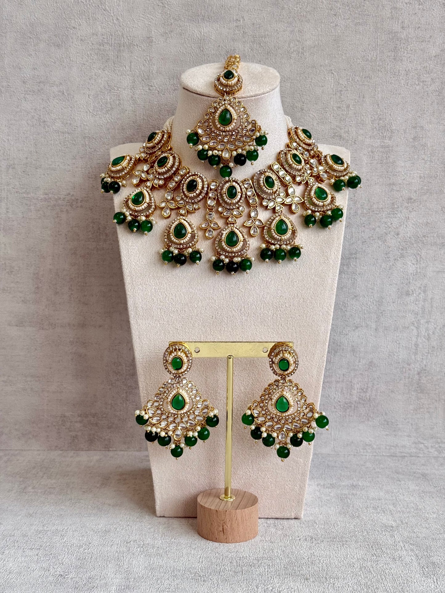Ayura Designs Janvi Set with Necklace, Earrings & Tikka – Kundan Detailing, Emerald Green Beads & Pearls Drops
