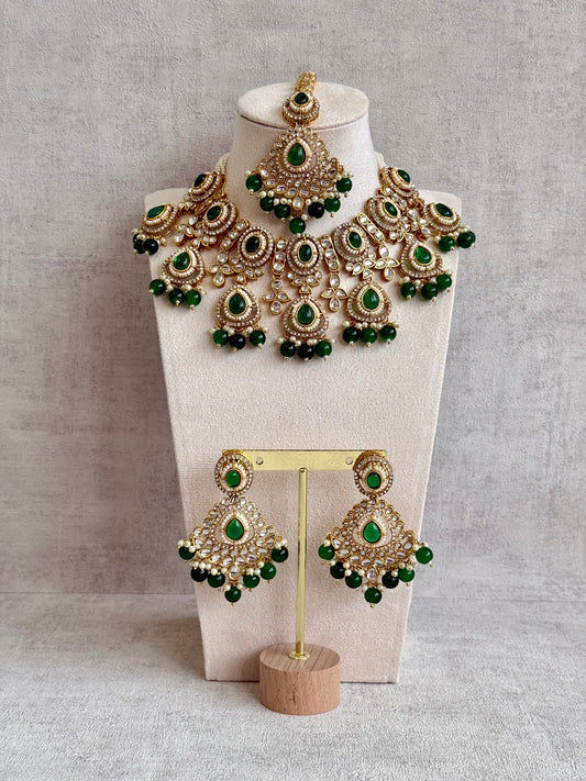Ayura Designs Janvi Set with Necklace, Earrings & Tikka – Kundan Detailing, Emerald Green Beads & Pearls Drops