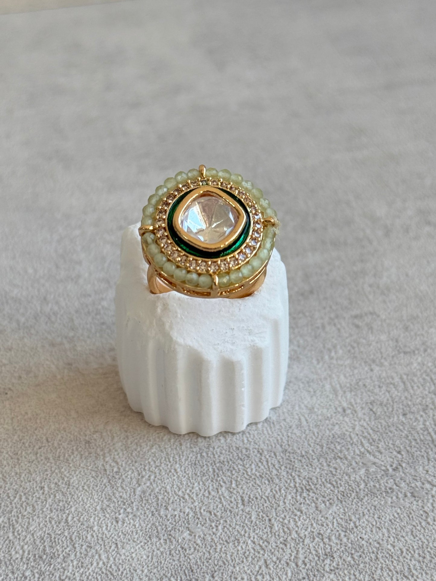 Ayura Designs Roselle Adjustable Ring – Moissanite Centre with Crystal Border & Mint Green Beads