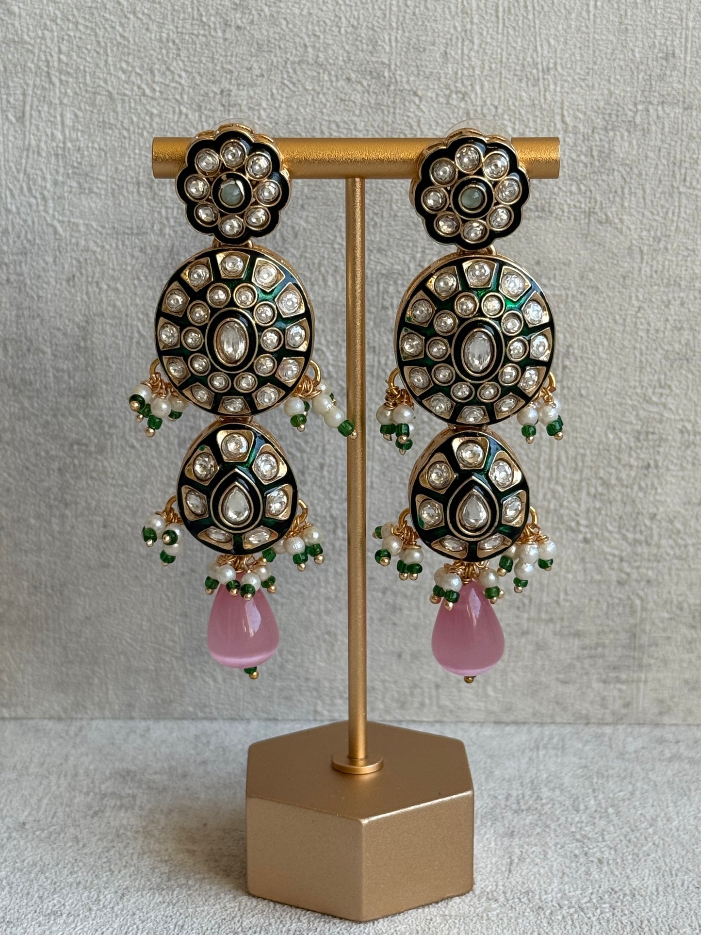 Ayura Designs Sumaira Set with Passa – Necklace, Earrings, Tikka & Passa with Kundan, Green Meenakari Detailing & Aqua-Pink Drops