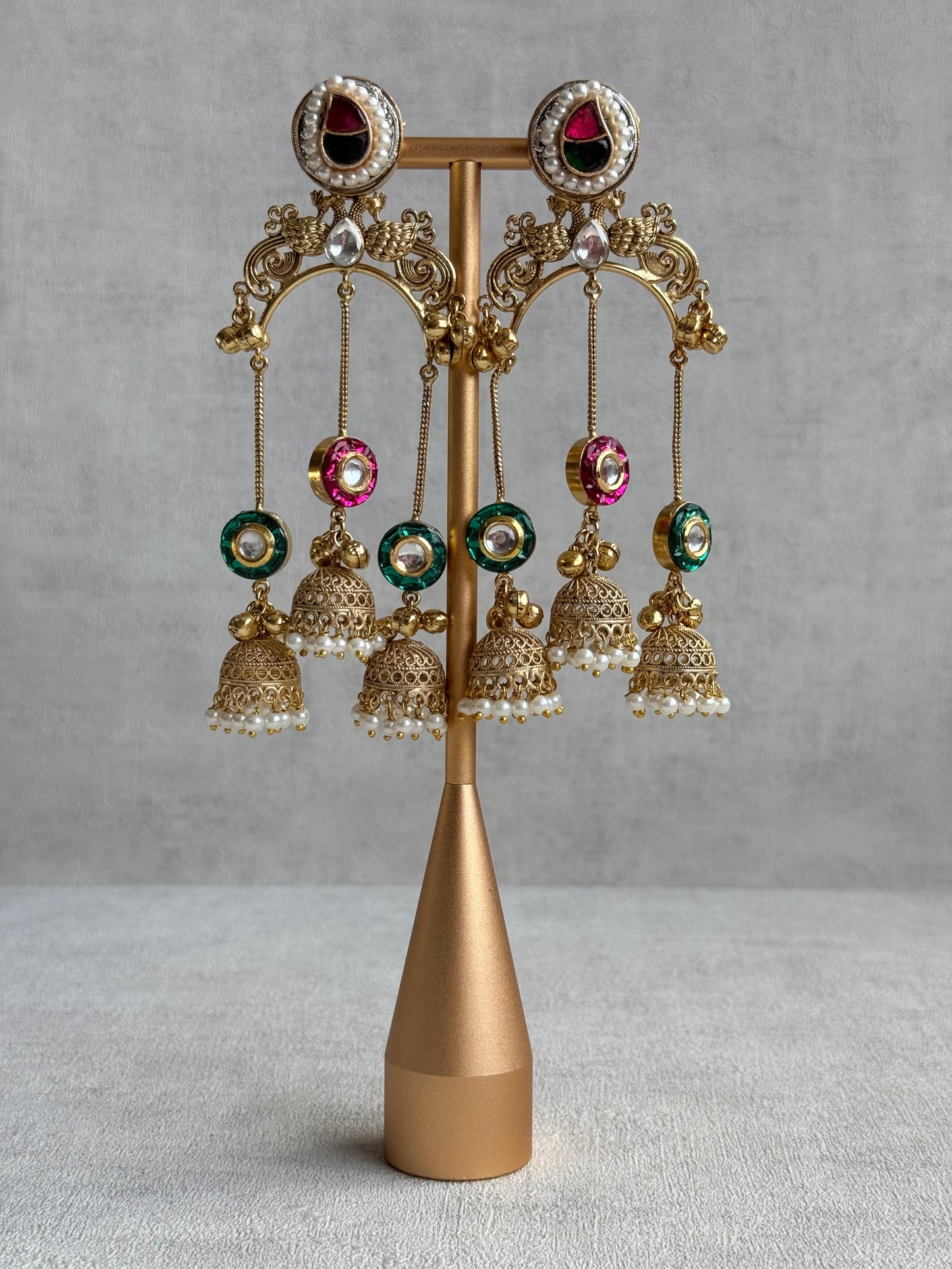 Ayura Designs Arzina Earrings – Triple Jhumki Earrings with Pink & Emerald Green Stones, Pearl Borders & Gold Detailing
