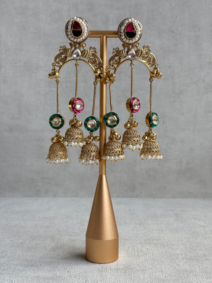 Ayura Designs Arzina Earrings – Triple Jhumki Earrings with Pink & Emerald Green Stones, Pearl Borders & Gold Detailing