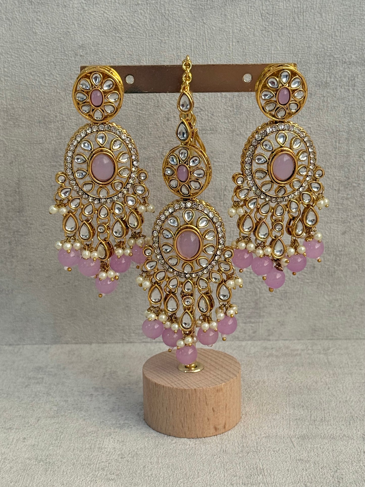 Ayura Designs Zara Set with Necklace, Earrings, Tikka & Passa – Antique Gold with Kundan Detailing & Lilac Stones & Beads
