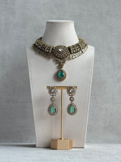 Ayura Designs Ahana Necklace Set with Earrings – Mint Green Teardrop Stones & Moissanite Detailing