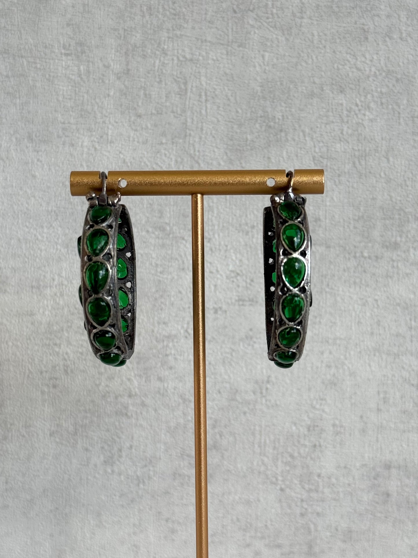 Ayura Designs Nureh Earrings – Dual Tone Floral Hoop Earrings with Emerald Green Stones & Cutwork Detailing