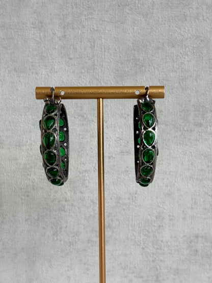 Ayura Designs Nureh Earrings – Dual Tone Floral Hoop Earrings with Emerald Green Stones & Cutwork Detailing