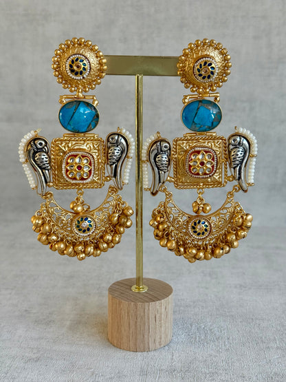 Ayura Designs Soha Earrings – Antique Gold with Turquoise Stone & Oxidised Parrots