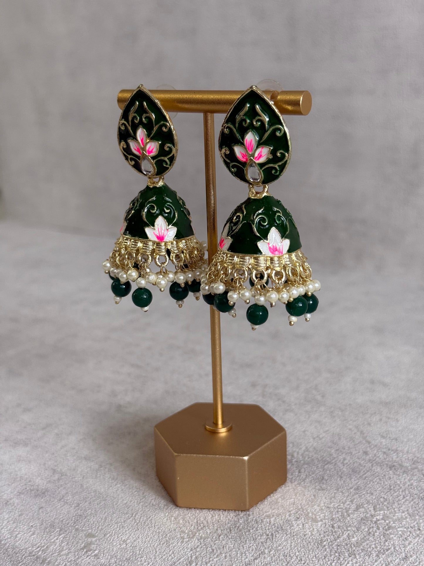 Ayura Designs Gia Jhumkis – Emerald Green Meenakari with Pink Lotus Motifs & Ivory Pearl Drops