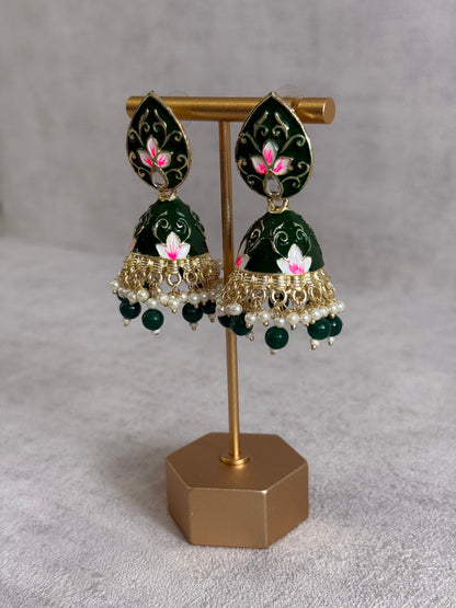 Ayura Designs Gia Jhumkis – Emerald Green Meenakari with Pink Lotus Motifs & Ivory Pearl Drops