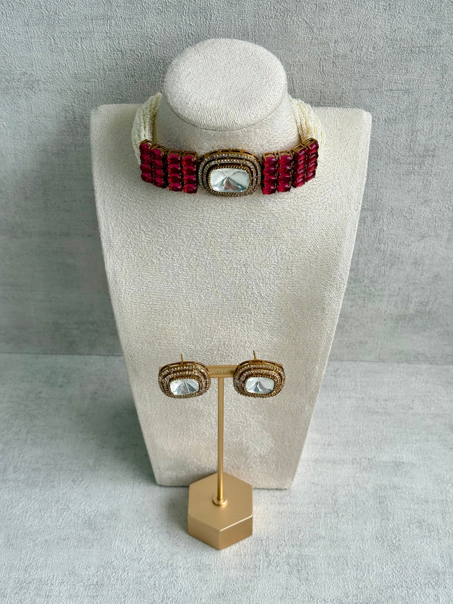 Ayura Designs Emma Choker Set – Ruby Fuchsia Gemstone Choker & Studs with Mirror-Cut Centrepiece, Pearl Strands & Crystal Borders