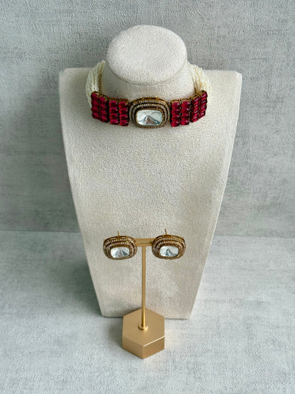 Ayura Designs Emma Choker Set – Ruby Fuchsia Gemstone Choker & Studs with Mirror-Cut Centrepiece, Pearl Strands & Crystal Borders