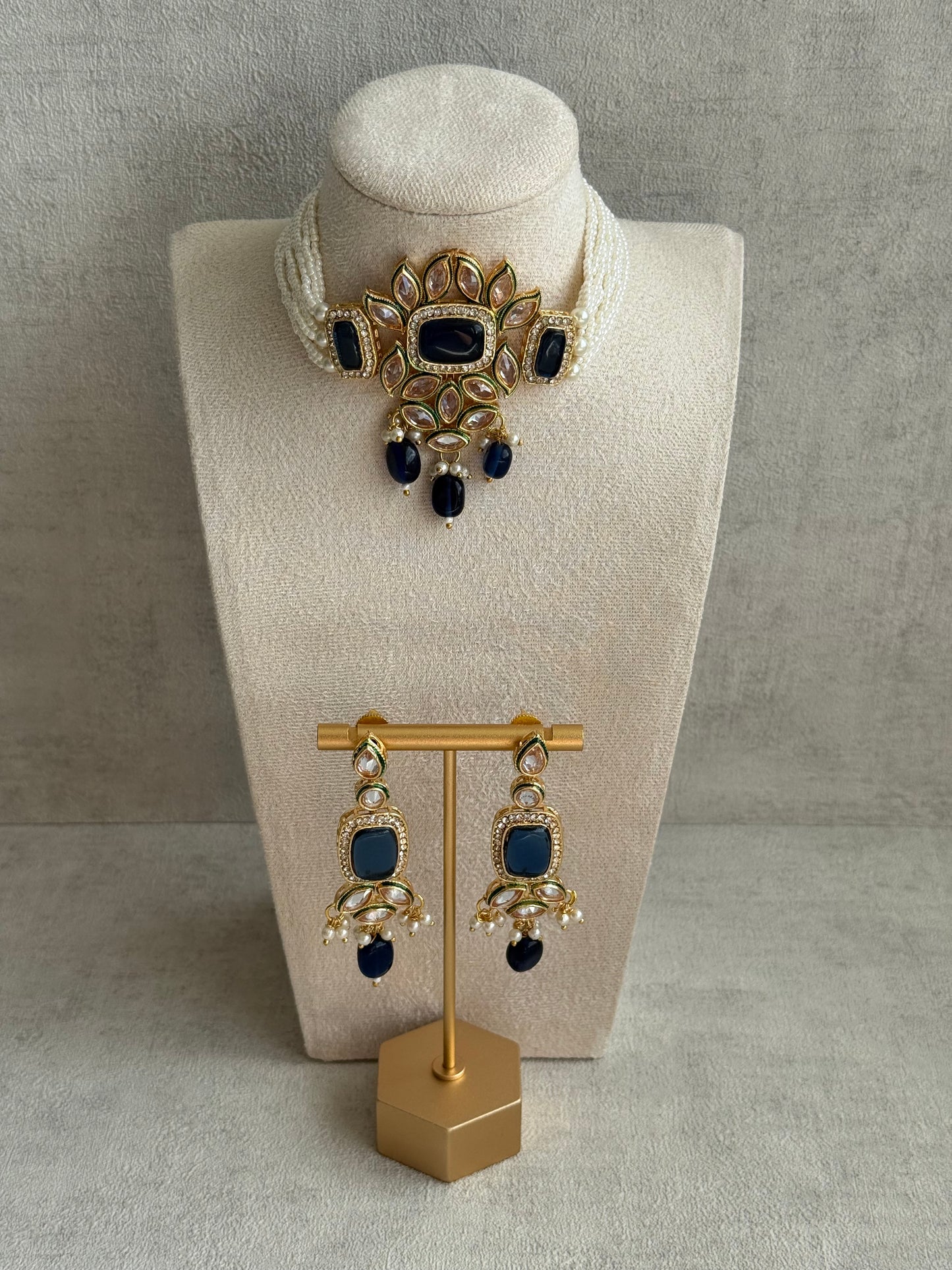 Ayura Designs Raaz Set with Necklace & Earrings – Ink Blue Stones, Kundan Detailing & Antique Gold Finish