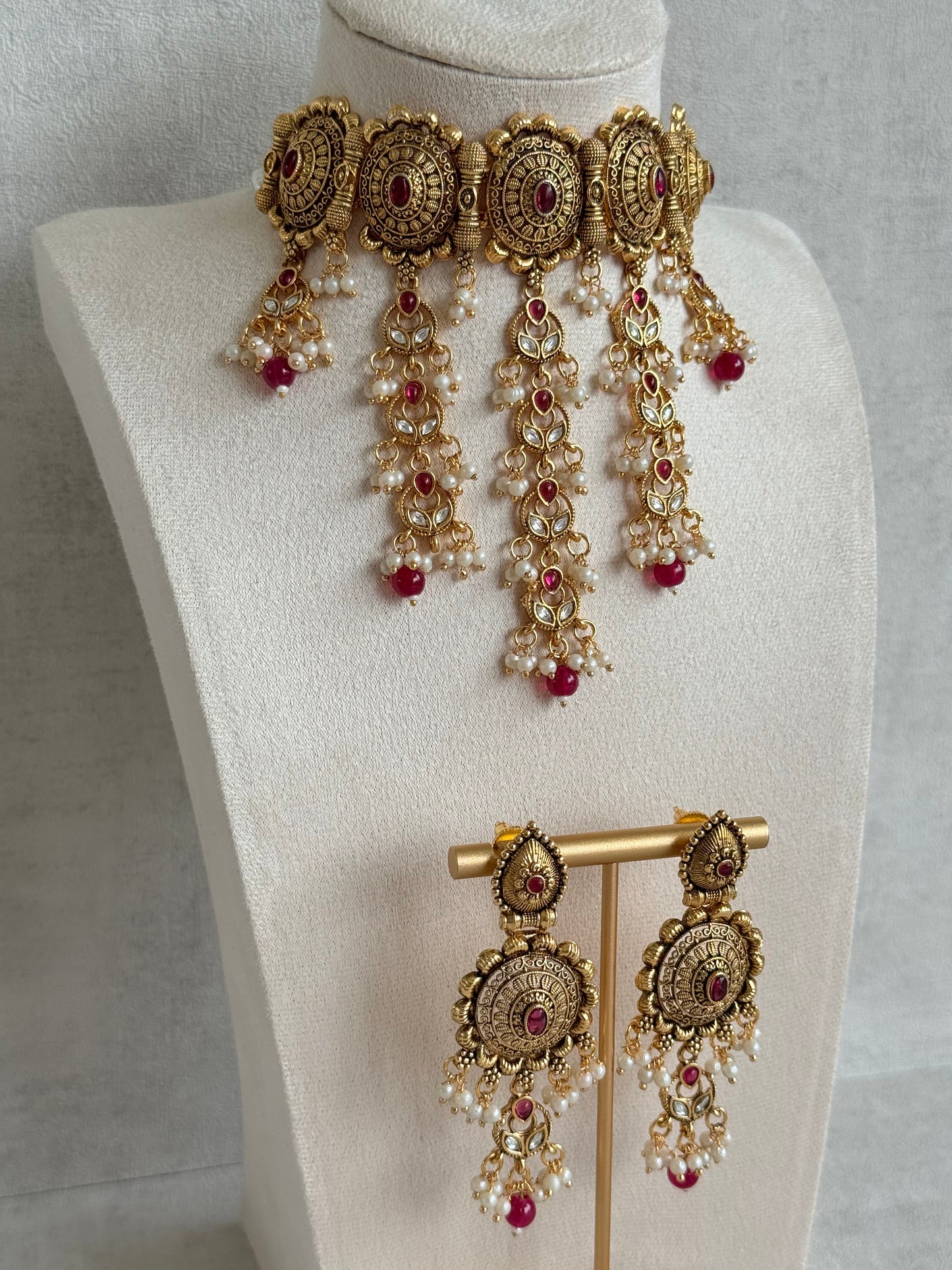 Ayura Designs Kabini Choker Set with Earrings – Gold Kundan Waterfall Choker with Ruby Pink Beads & Pearls