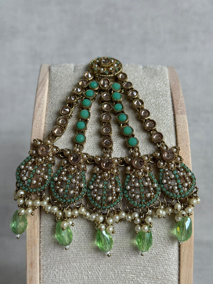 Ayura Designs Gaya Tikka Set with Earrings, Tikka & Sahara – Antique Gold with Pistachio Green Beads, Pearls & Mirror-Cut Stones