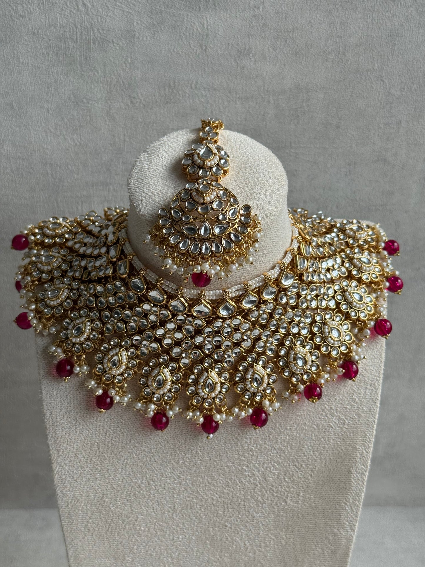 Ayura Designs Suhag Set – Bridal Necklace, Jhumkis & Tikka with Pink Beads, Pearl Detailing & Gold-Finish Kundan