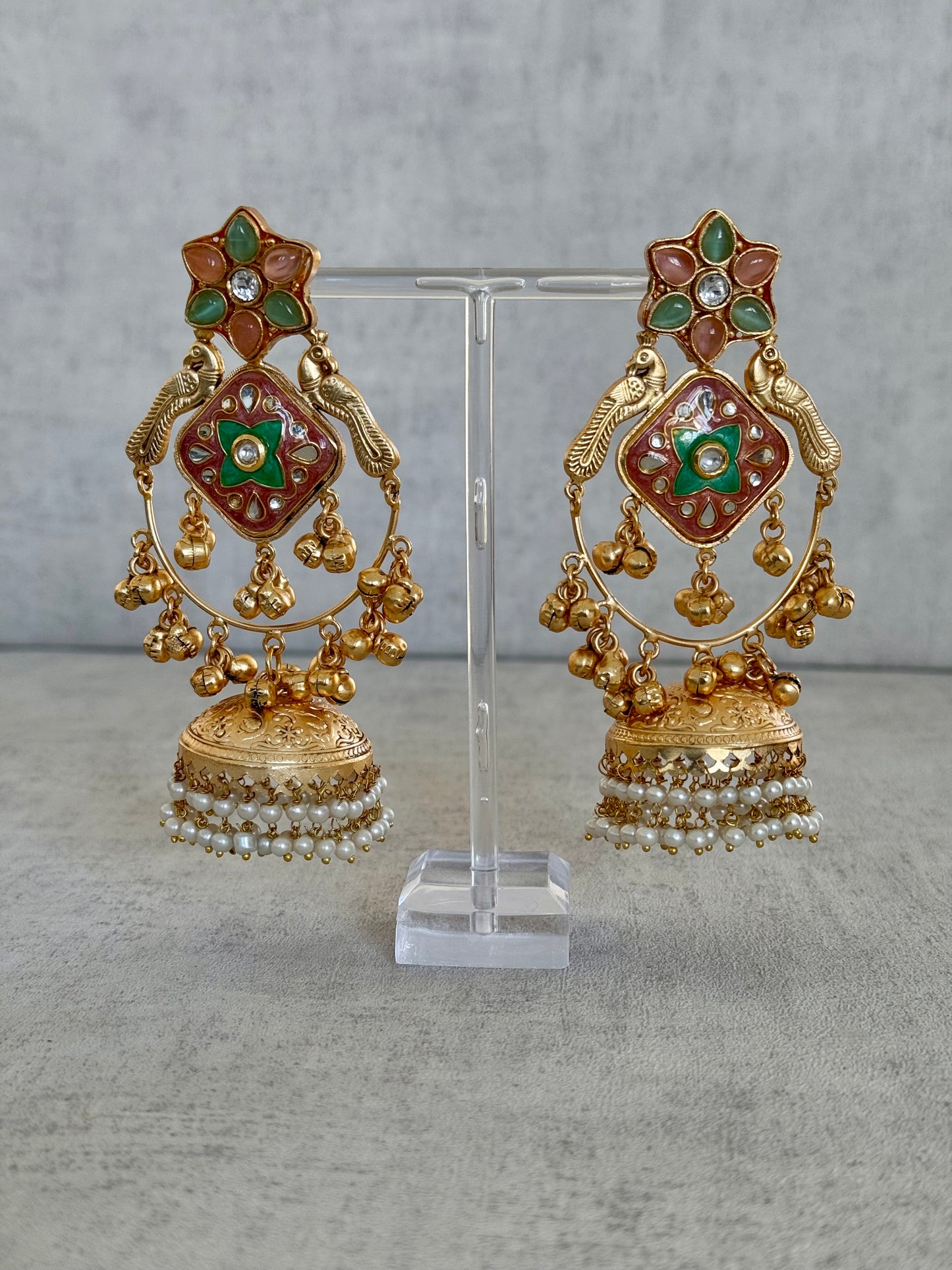 Ayura Designs Farida Earrings – Brass Jhumka Earrings with Pastel Green & Blush Pink Enamel, Bird Motifs and Pearl Dangling Drops