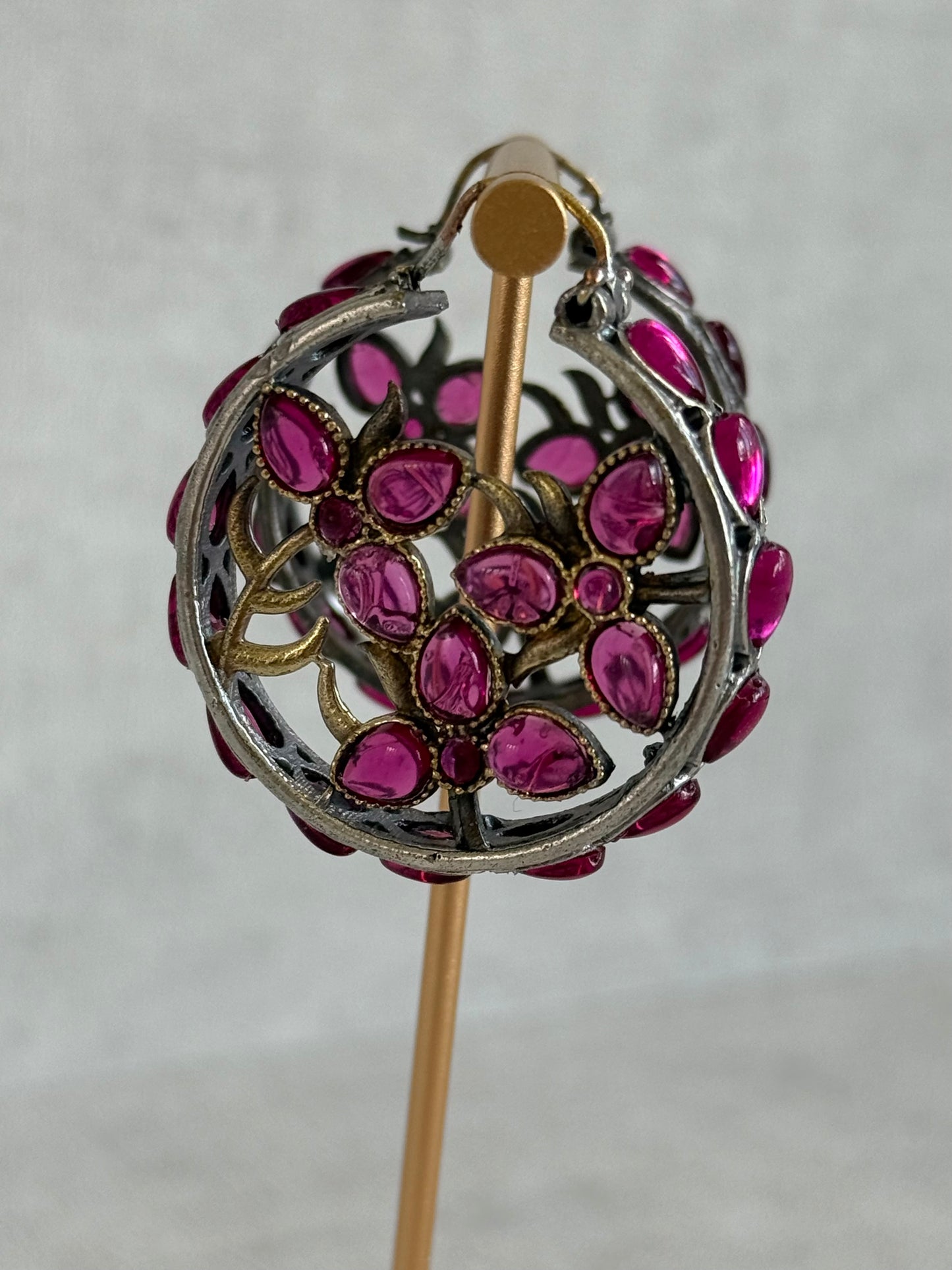 Ayura Designs Nureh Earrings – Dual Tone Floral Hoop Earrings with Ruby Pink Stones & Cutwork Detailing