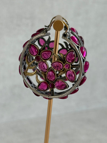Ayura Designs Nureh Earrings – Dual Tone Floral Hoop Earrings with Ruby Pink Stones & Cutwork Detailing