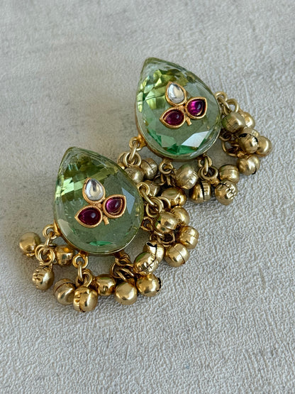 Ayura Designs Aykai Earrings – Pistachio Teardrop Stud Earrings with Clear Kundan Stones and Gold Ghungroo Drops