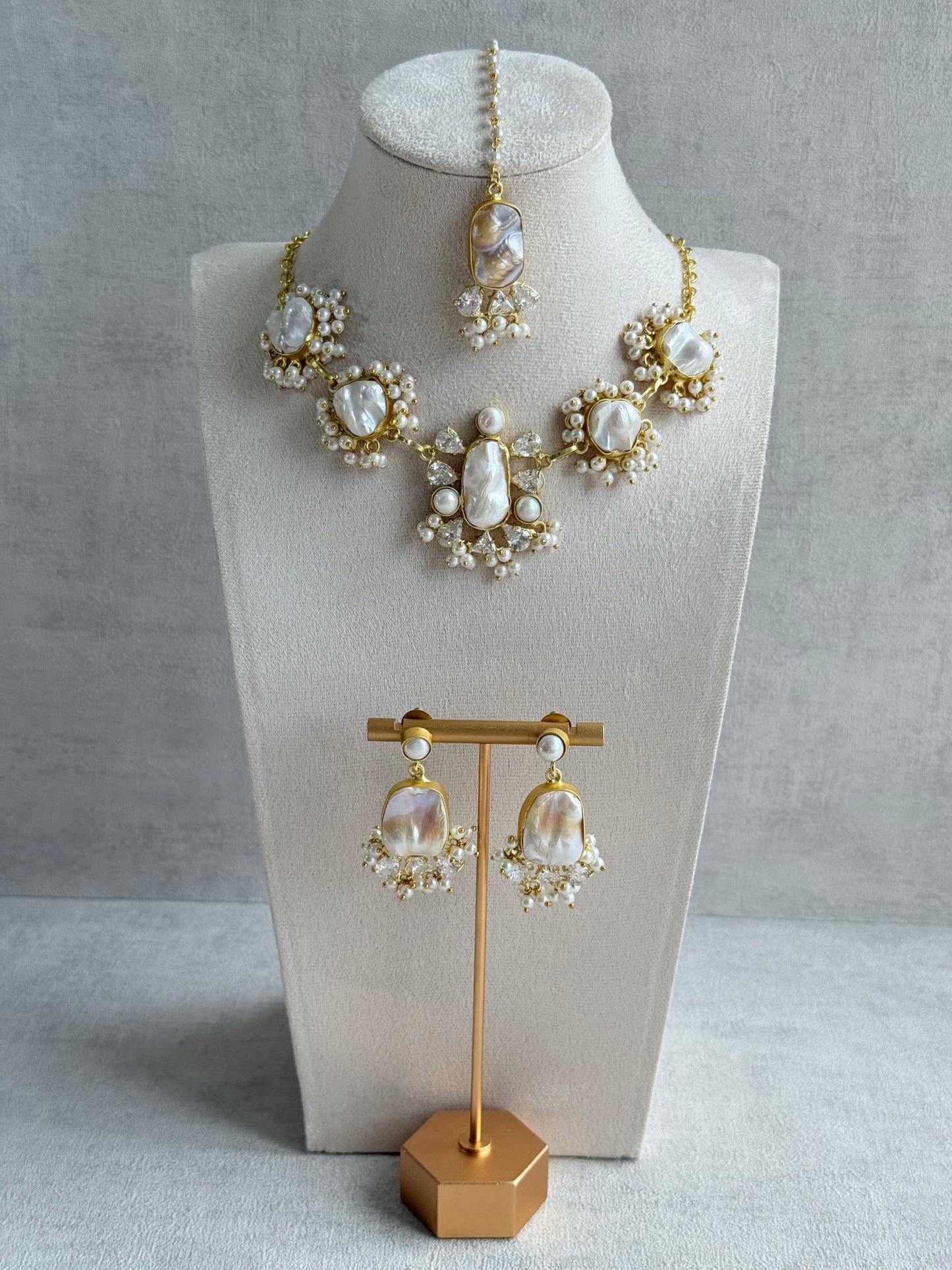 Ayura Designs Niamh Set with Tikka & Earrings - Baroque Pearl, Mother of Pearl & Crystals