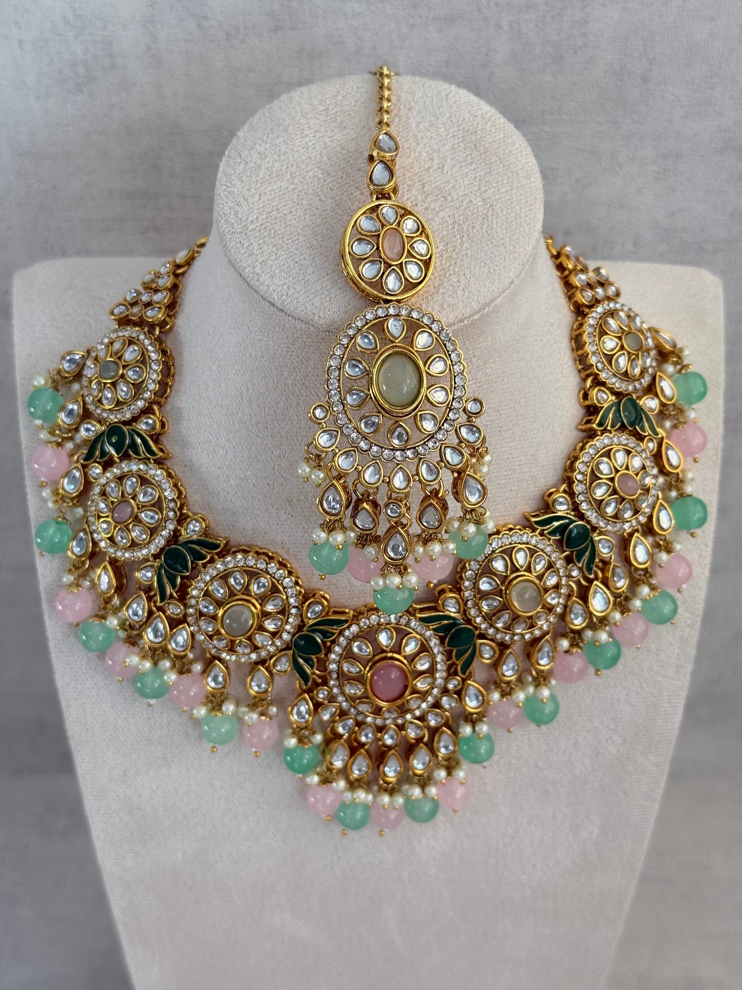 Ayura Designs Zara Set with Necklace, Earrings, Tikka & Passa – Antique Gold with Kundan Detailing & Mint Green & Blush Pink Beads